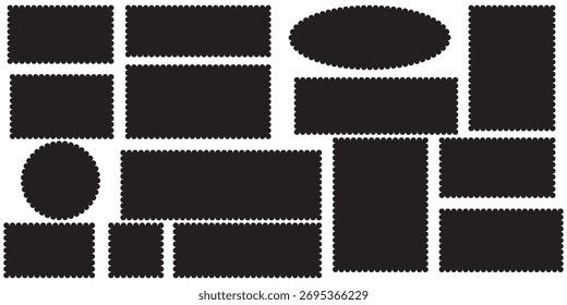 Scalloped rectangle Frame set. Outline border template. Simple label vector. Minimalist wavy line frames. Blank rectangular text box. Scallop edge stamp