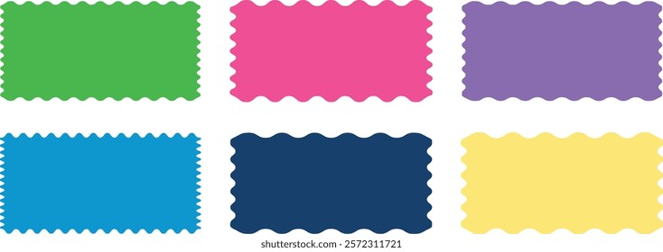  Scalloped rectangle shape multicolored, Vector Rectangle, Clipart image isolated and Oval Elements with Curve Edge. Zig Zag Shapes for Stickers, Badges,