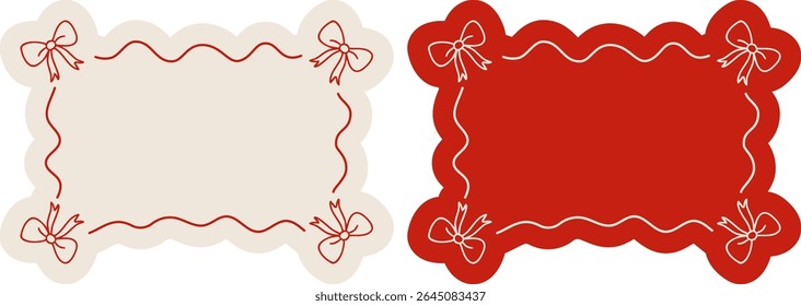 Scalloped rectangular frames with four bows and wavy borders in red and beige. Great for gift tags, holiday packaging, and romantic cards. Vector EPS 10