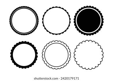 Scalloped round badge or emblem, simple frame decoration icolated on white background. Stamp, wavy clip art