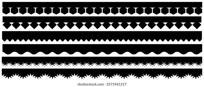 scalloped vector trim art, seamless border and frame design.  Retro wave swiss design elements with frill border. Vector illustration.