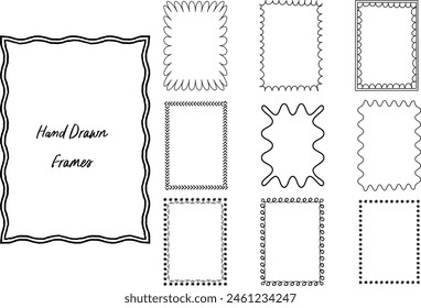 Scalloped wave-edge frame with a doodle border featuring a trendy wavy pattern. Hand drawn scribble simple box rectangular frame for invitation, card template.