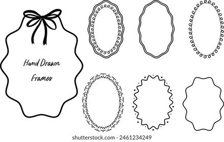 Scalloped wave-edge frame with a doodle border featuring a trendy wavy pattern. Cartoon style Hand drawn scribble oval frame for invitation, card template.