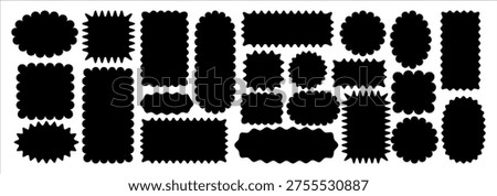 Scalloped and wavy edge labels in round, oval and rectangle shapes, irregular coupon blanks, stamp‑style frames and flat vector tag collection