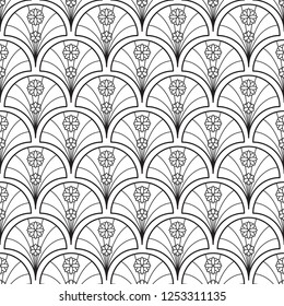 Scallops background seamless wave shapes pattern abstract minimalist fabric print. Japan style line scales motif classic ornamental graphic. Casual repeating textile tile design, black, white colors.