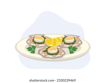 Scallops baked in a shell with cheese and pesto sauce. cartoon vector illustration