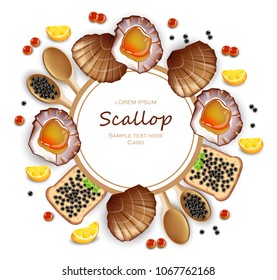 Scallops and caviar card Vector realistic seafood. Fresh shellfish. 3d detailed illustration
