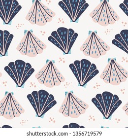 Scallops flat hand drawn seamless pattern. Tropical exotic marine textile ornament. Underwater life backdrop in scandinavian style. Pink and blue seashells on beach vector wrapping paper 