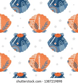 Scallops hand drawn seamless pattern. Seaside vector concept. Underwater life backdrop. Flat illustration in scandinavian style. Wrapping paper, textile design.