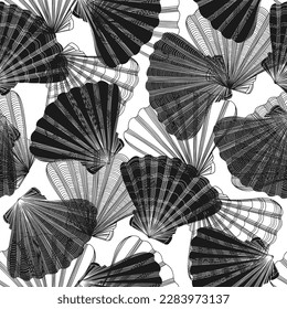 Scallops. Seamless vector pattern on white. Perfect for wallpaper, wrapping, fabric and textile. Black and white. 