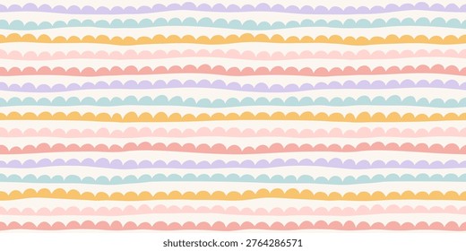 Scallops Stripe Seamless Pattern. Vector Wavy Horizontal Lines on Cream Background. Cute Hand Drawn Stripe Texture in Kids Style for Nursery, Gift Wrap, Fabric, Wallpaper.