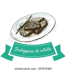 Scaloppine di vitello colorful illustration. Vector illustration of Italian cuisine.