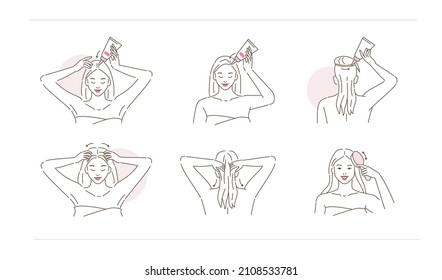 Scalp treatment illustration set. Beauty girl taking care of her hair roots and scalp skin and applying serum. Beauty haircare routine. Vector illustration.