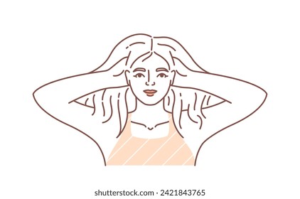 Scalp treatment linear concept. Skin care and SPA procedures. Beauty young girl with blonde hairs. Cosmetics products. Doodle flat vector illustration isolated on white background