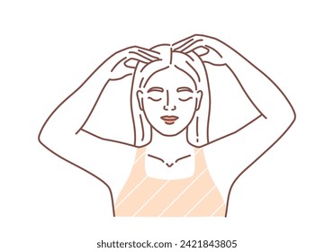 Scalp treatment linear concept. Skin care and SPA procedures. Beauty young girl with blonde hairs. Cosmetics products. Poster or banner. Doodle flat vector illustration isolated on white background