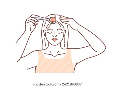 Scalp treatment linear concept. Skin care and SPA procedures. Beauty young girl with massage roller for blonde hairs. Cosmetics products. Doodle flat vector illustration isolated on white background