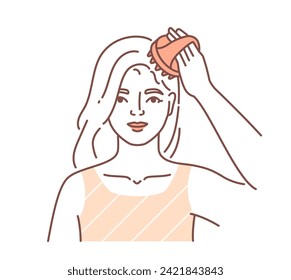 Scalp treatment linear concept. Skin care and SPA procedures. Beauty young girl massaging blonde hairs. Cosmetics products. Doodle flat vector illustration isolated on white background