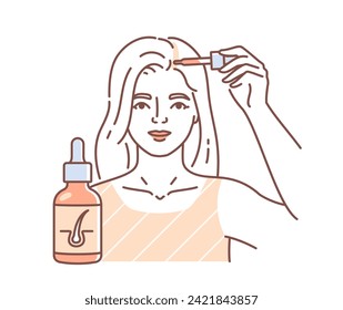 Scalp treatment linear concept. Skin care and SPA procedures. Beauty young girl with blonde hairs. Cosmetics products. Template and layout. Doodle flat vector illustration isolated on white background