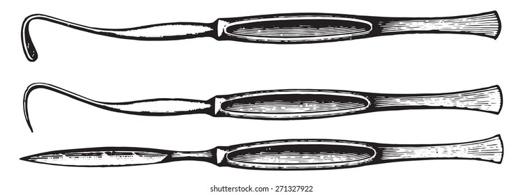 Scalpel with blade shaped somewhat like a bistoury, vintage engraved illustration. 