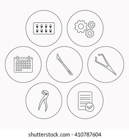 Scalpel, capsules and dental pliers icons. Eyebrow tweezers linear sign. Check file, calendar and cogwheel icons. Vector