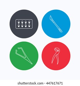 Scalpel, capsules and dental pliers icons. Eyebrow tweezers linear sign. Linear icons on colored buttons. Flat web symbols. Vector