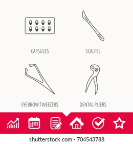 Scalpel, capsules and dental pliers icons. Eyebrow tweezers linear sign. Edit document, Calendar and Graph chart signs. Star, Check and House web icons. Vector