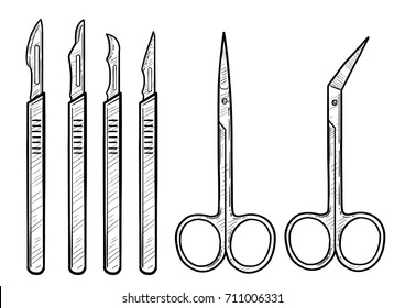 Scalpel, Clamp Illustration, Drawing, Engraving, Ink, Line Art, Vector
