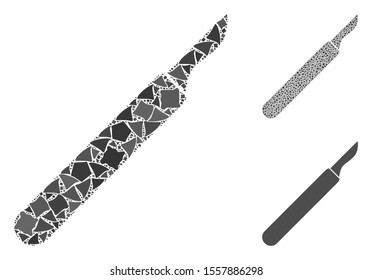 Scalpel composition of tremulant elements in various sizes and color hues, based on scalpel icon. Vector joggly elements are combined into collage. Scalpel icons collage with dotted pattern.