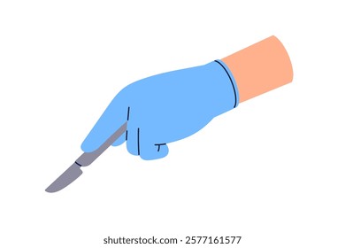 Scalpel in hand. Surgeon holding sharp sterile blade for precise surgical operation. Doctor with medical tool, operating knife for surgery. Flat vector illustration isolated on white background