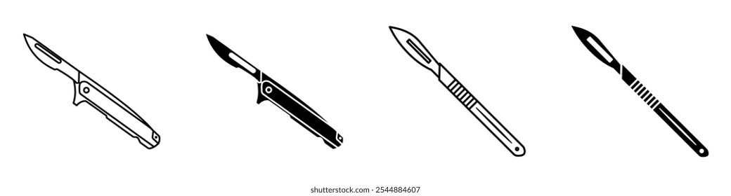 Scalpel icon collection in black and white filled and solid vector style.