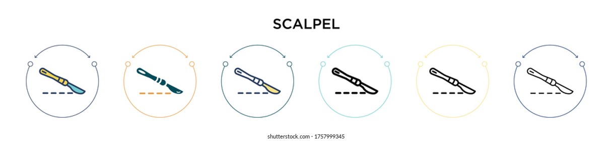 Scalpel icon in filled, thin line, outline and stroke style. Vector illustration of two colored and black scalpel vector icons designs can be used for mobile, ui, web