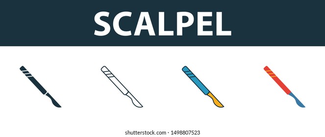 Scalpel icon set. Four elements in diferent styles from medicine icons collection. Creative scalpel icons filled, outline, colored and flat symbols.