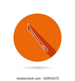 Scalpel icon. Surgeon tool sign. Round orange web button with shadow.