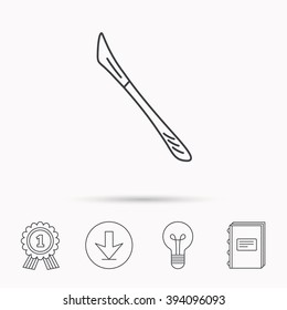 Scalpel icon. Surgeon tool sign. Download arrow, lamp, learn book and award medal icons.
