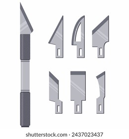 Scalpel knife and blades for cutter crafts vector cartoon set isolated on a white background.