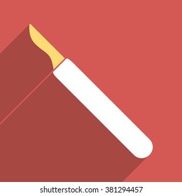 Scalpel long shadow vector icon. Style is a flat light symbol on a red square background.