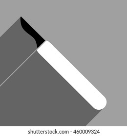 Scalpel long shadow vector icon. Style is a flat scalpel black and white iconic symbol on a gray square background.