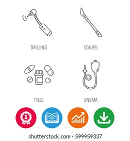 Scalpel, pills and drilling tool icons. Enema linear sign. Award medal, growth chart and opened book web icons. Download arrow. Vector