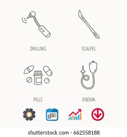 Scalpel, pills and drilling tool icons. Enema linear sign. Calendar, Graph chart and Cogwheel signs. Download colored web icon. Vector