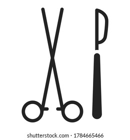 Scalpel and scissors black glyph icon. Surgeon cutting tools. Isolated vector element. Outline pictogram for web page, mobile app, promo.