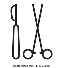 Icono de línea negra de Scalpel y tijeras. Herramientas de corte para cirujanos. Elemento vector aislado. Esbozo pictograma para página web, aplicación móvil, promoción.