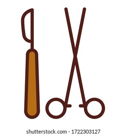 Scalpel and scissors color line icon. Surgeon cutting tools. Isolated vector element. Outline pictogram for web page, mobile app, promo.