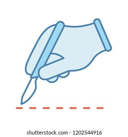 Scalpel skin incision color icon. Plastic surgery. Surgical incision. Surgeon’s hand. Isolated vector illustration