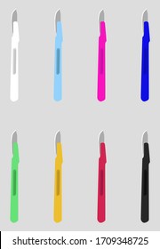 Un bisturí es un instrumento pequeño y extremadamente afilado para la cirugía, la disección anatómica y la podiatría. Este es un grupo de escamas quirúrgicas con diferentes mangos de color.