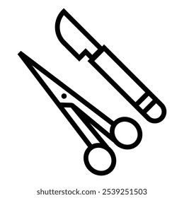 Scalpel and Surgical Scissors Line Art Icon – Vector Illustration of Medical Tools Isolated on White, Ideal for Healthcare Designs, Surgery Icons, Medical Projects, Editable EPS