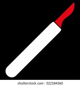 Scalpel vector icon. Style is bicolor flat symbol, red and white colors, rounded angles, black background.