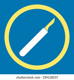 Scalpel vector icon. Style is bicolor flat rounded symbol, yellow and white colors, rounded angles, blue background.