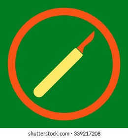 Scalpel vector icon. Style is bicolor flat rounded symbol, orange and yellow colors, rounded angles, green background.
