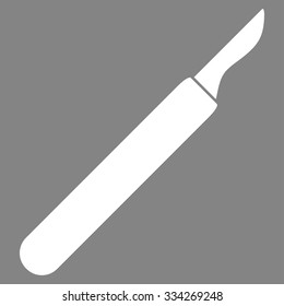 Scalpel vector icon. Style is flat symbol, white color, rounded angles, gray background.