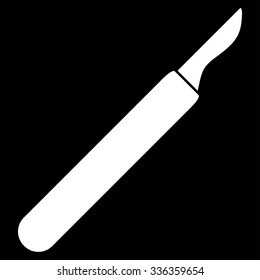 Scalpel vector icon. Style is flat symbol, white color, rounded angles, black background.